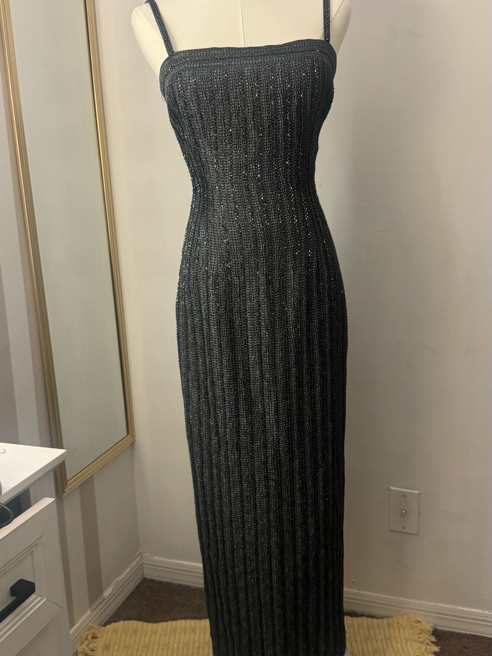 Carmen Marc Valvo Black Sparkle Ribbed Maxi Dress